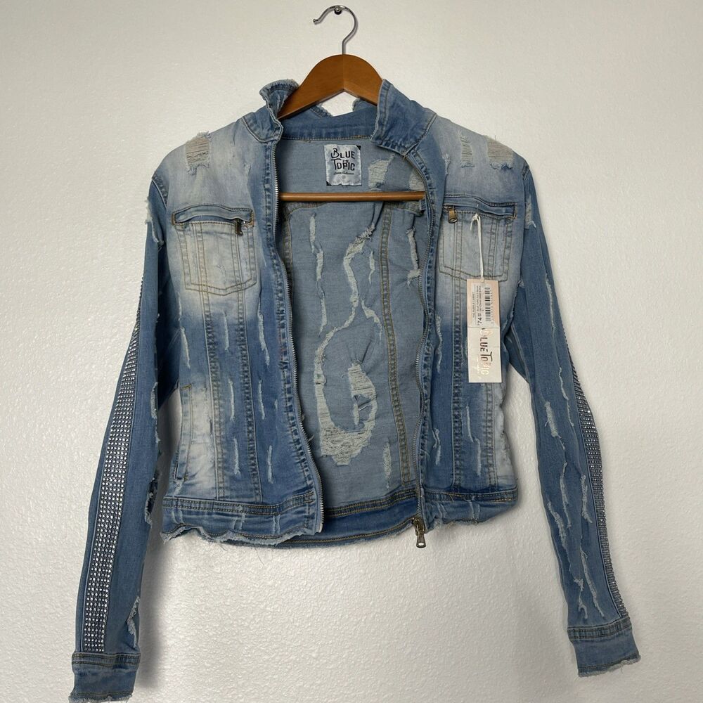 Blue Topic Rhinestone Sleeved Denim Full Zip Distressed Jean Jacket Women S